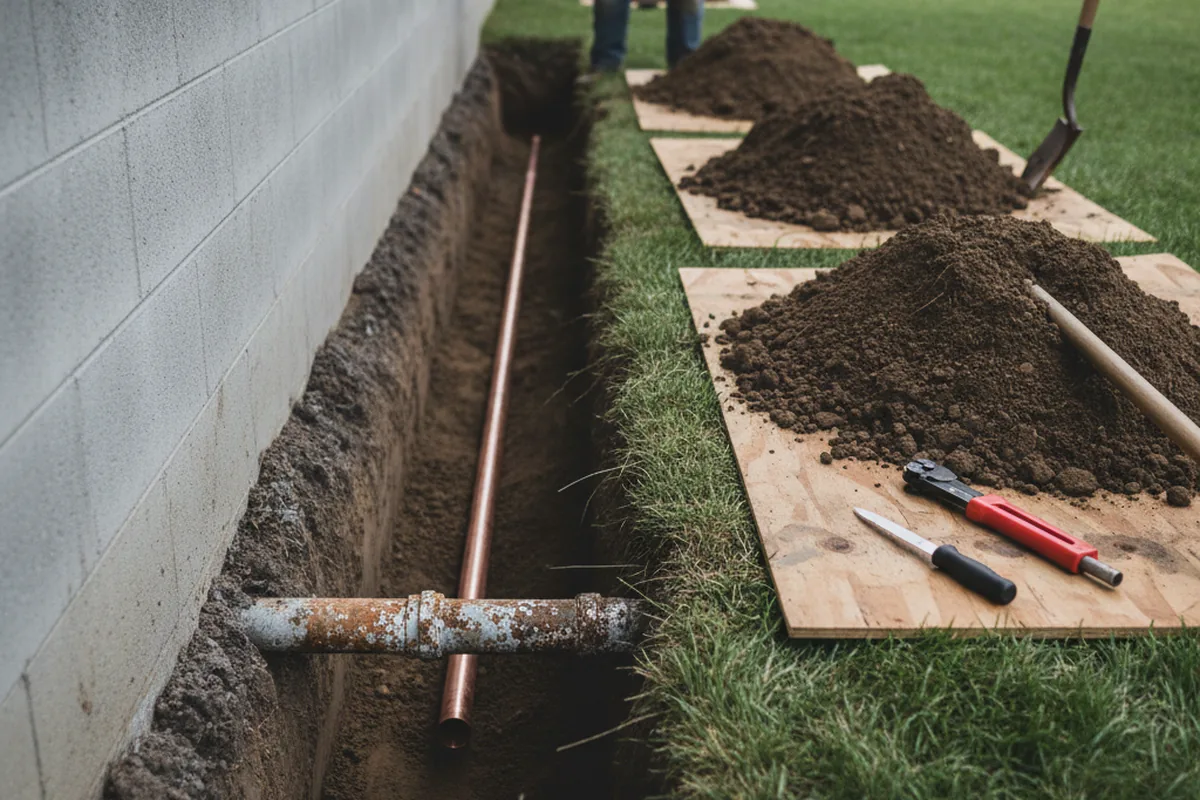 Excavated water line trench during Water Softener Installation in Seekonk